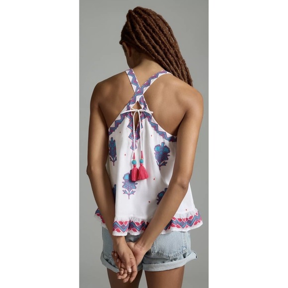 Anthropologie Ruffle Hem Halter Top Size Small Embroidered Tassel Boho NWT - Picture 2 of 11